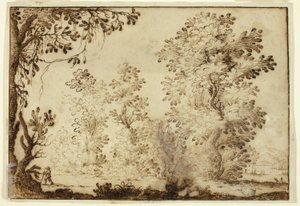 Paisaje boscoso con viajero en primer plano de Ercole Bazzicaluva