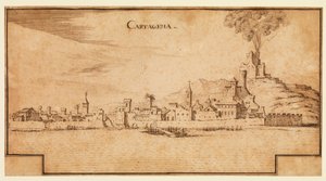 Vista de Cartagena, España, c.1642 (pluma y tinta marrón sobre papel verjurado, con líneas de encuadre en tinta marrón escalonadas en la parte inferior) de Ercole Frigoni Bazzicaluva