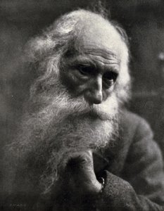 Primer plano del famoso escultor Vincenzo Gemito. El anciano artista acaricia su espesa barba blanca de Ercole Massaglia