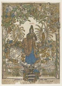 Frontispicios con una mujer sobre un pedestal con armas de Bernhard von Breydenbach y Johannes Comes in a frame de Erhard Reuwich