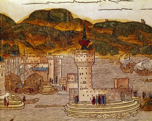Vista del puerto de Candie (actual Heraklion) en Creta. Página del libro de viajes “peregrinatio in terram sanctam” después de la peregrinación a Tierra Santa de Bernard de Breydenbach (Breidenbach) (1454-1497) ilustrado con grabados de Erhard Reuwich de Erhard Reuwich