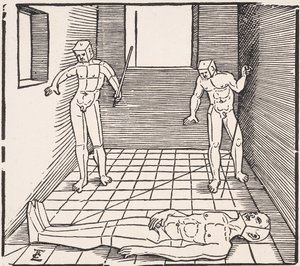 Tres figuras masculinas en una habitación De: Unnderweissung der Proportzion de Erhard Schon