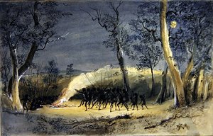 A Native Corroboree at Night (lápiz, acuarela y goma arábiga sobre papel) de Eric Gill