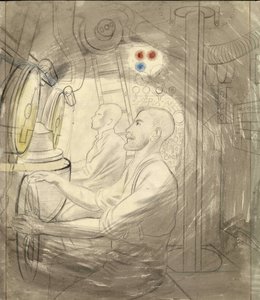 La sala de control de inmersión de un submarino. Serie a lápiz de Eric Ravilious (1903-1942), embarcado en un submarino durante la Segunda Guerra Mundial (1939-1945).