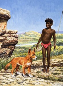 Niño aborigen con dingo (gouache sobre papel)