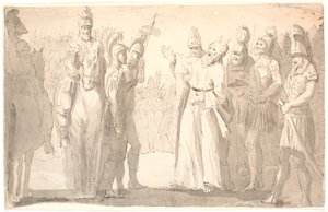 Escena figurativa con un hombre santo con cuernos entre soldados romanos de Erik Pauelsen
