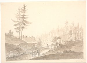 Paisaje montañoso noruego con ganado y dos hombres