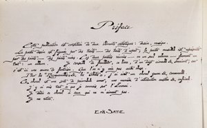 Página de prefacio manuscrito de partitura con dibujos de Erik Satie