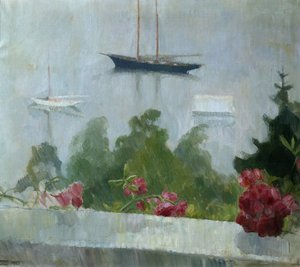 El barco, flores en la veranda. de Erik Theodor Werenskiold