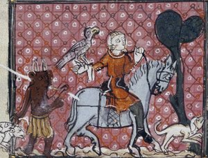 Roy 19 C I. Folio No: 204 El pecado de las vanidades mundanas: un jinete con su halcón y su perro es abordado por un diablo. Uno de un conjunto que ilustra las tentaciones, de poemas de Matfre Ermengaud, ca 1300-1320