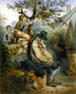 Niños robando manzanas bajo la nariz del granjero dormido - litografía por Grenier, c.1840