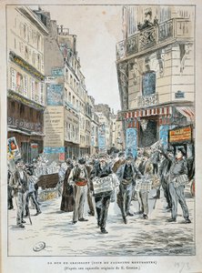 Vendedor de periódicos en la rue du Croissant en la esquina de la rue du Faubourg Montmartre en París