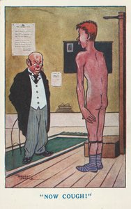Doctor pidiendo a un hombre desnudo que tosa durante un examen médico (litografía en color) de Ernest (after) Noble