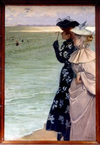 Bella época: Hora del baño en el mar. Dos mujeres en la orilla examinando a los bañistas con binoculares. Pintura de Ernest Ange Duez de Ernest Ange Duez