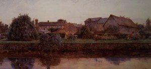 Una casa y edificios de granja junto a un río de Ernest Arthur Rowe