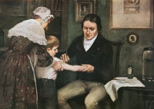 El Dr. Edward Jenner (1749-1823) vacunando por primera vez contra la viruela a James Phipps, un niño de ocho años, el 14 de mayo.