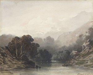 Lago de montaña sombreado por un follaje oscuro, detrás de colinas claras y picos nevados de Ernest Cicéri