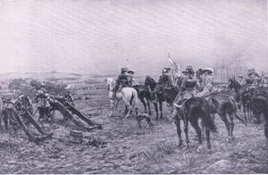 El príncipe Rupert en la batalla de Marston, 2 de julio de 1644, ilustración de British Battles on Land and Sea, 1915 de Ernest Crofts
