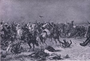 La carga de los Dragones Ligeros del Rey en Mudki, ilustración de British Battles on Land and Sea, 1915 de Ernest Crofts