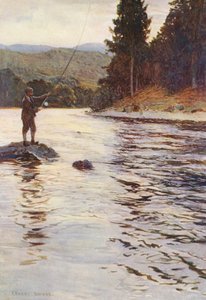 Pesca del salmón en las aguas del Faskally (litografía en color)