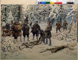 Después de una cacería exitosa. Los grupos de cazadores reúnen la caza (lobos) a la señal de un jinete que toca el cuerno. Pintura de Ernest Ernestovich Lissner (1874-1941), óleo sobre lienzo