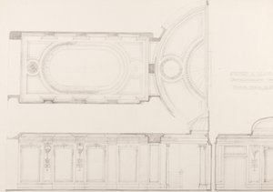 Diseños para el interior del Oxford and Poland Street Cinematograph Theatre: Techo del auditorio y pared del fondo, c.1910 (lápiz sobre papel) de Ernest George William Souster