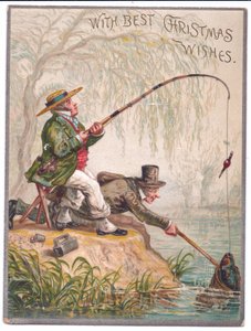Tarjeta de Navidad victoriana de dos hombres pescando junto al río, c.1880