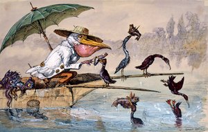 Cormoranes presentando pescado a un pelícano en una barca bajo un paraguas, c. 1864-1907 de Ernest Henry Griset
