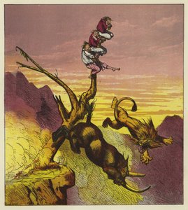 El león y el rinoceronte caen por el acantilado mientras discuten sobre quién da el primer bocado a los tres marineros de Ernest Henry Griset