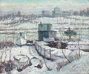 Casa de botes, invierno, río Harlem