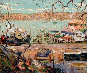 Escena del río: barcos y casas