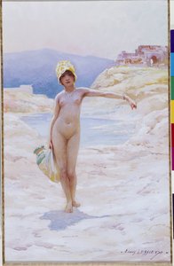 La niña argelina tiene la jarra Una niña desnuda con sombrero que lleva una jarra de agua cerca de una fuente de agua de un oasis en el desierto. Acuarela de Louis Ernest Lessieux (1874-1925) Mención obligatoria: Colección fondation regards de Provence, Ma de Ernest Louis Lessieux