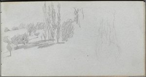 Cuaderno de bocetos, página 18: Estudio de un caballo y Estudio de paisaje de Ernest Meissonier