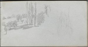 Cuaderno de bocetos, página 18: Estudio de un caballo y estudio de paisaje de Jean Louis Ernest Meissonier
