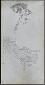 Cuaderno de bocetos, página 27: Estudio de detalle para En una terraza y estudio de paisaje de Jean Louis Ernest Meissonier