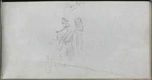 Cuaderno de bocetos, página 38: Estudio de un Soldado y Figura con Sombrero de Copa de Jean Louis Ernest Meissonier