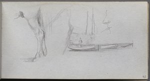 Cuaderno de bocetos, página 43: Estudios: Pierna de caballo, figura en un barco y perfil de Jean Louis Ernest Meissonier