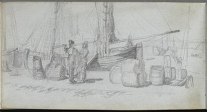 Cuaderno de bocetos, página 50: Barcos, figuras, carga en una playa de Jean Louis Ernest Meissonier