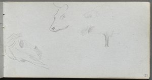 Cuaderno de bocetos, página 53: Estudio de animales y estudio de árboles de Ernest Meissonier