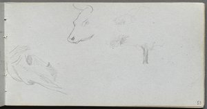 Cuaderno de bocetos, página 53: Estudios de animales y estudio de árboles de Jean Louis Ernest Meissonier