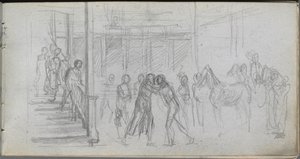 Cuaderno de bocetos, página 62: Estudio de figura, escalera, caballo de Jean Louis Ernest Meissonier
