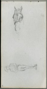 Cuaderno de bocetos, página 69: Estudio de una mano, un caballo y una figura