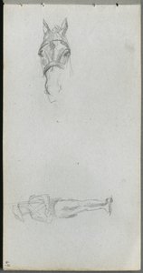 Cuaderno de bocetos, página 69: Estudio de una mano, un caballo y una figura
