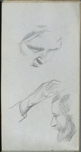 Cuaderno de bocetos, página 70: Estudio de dos caras y una mano