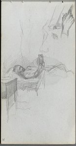 Cuaderno de bocetos, página 71: Estudio de una figura leyendo en la cama, estudio de una mano de Jean Louis Ernest Meissonier