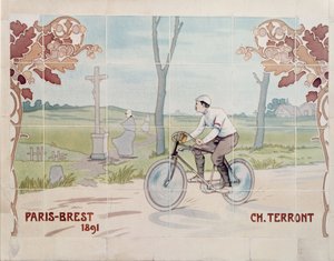 Charles Terront compitiendo en la primera carrera ciclista de larga distancia de la historia en 1891, entre París y Brest. de Ernest Montaut