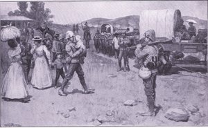 Soldados británicos asistiendo a refugiados bóer (ilustración de After Pretoria: The Guerilla War, 1902) de Ernest Prater