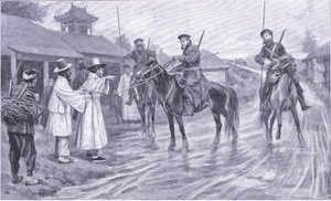 Exploradores cosacos obteniendo información de un cautivo coreano, ilustración de Cassells History of the Russo-Japanese War Vol 1, c.1900