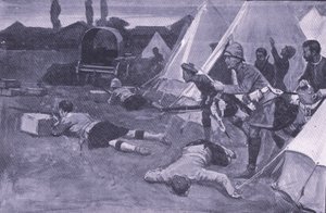 El ataque al campamento británico en la plaza del mercado de Jacobsdal (ilustración de After Pretoria: The Guerilla War, 1902) de Ernest Prater
