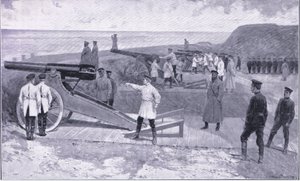 La inversión de Port Arthur. En uno de los puertos que protegen el puerto ruso, ilustración de Cassells History of the Russo-Japanese War Vol 1, c.1900